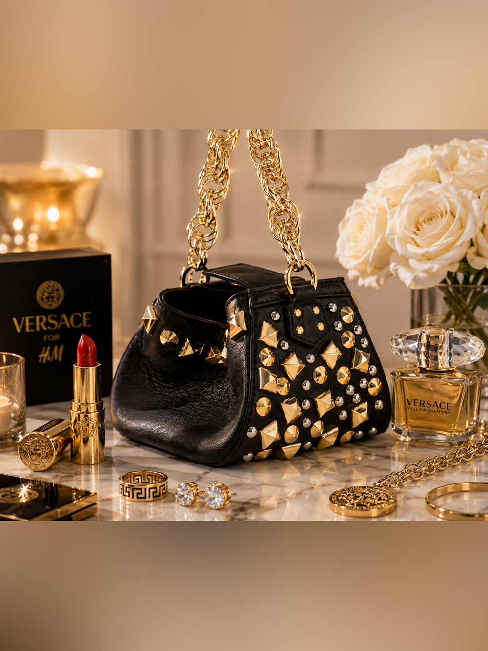 Versace for H&M Black Studded Leather Mini Chain Handbag.